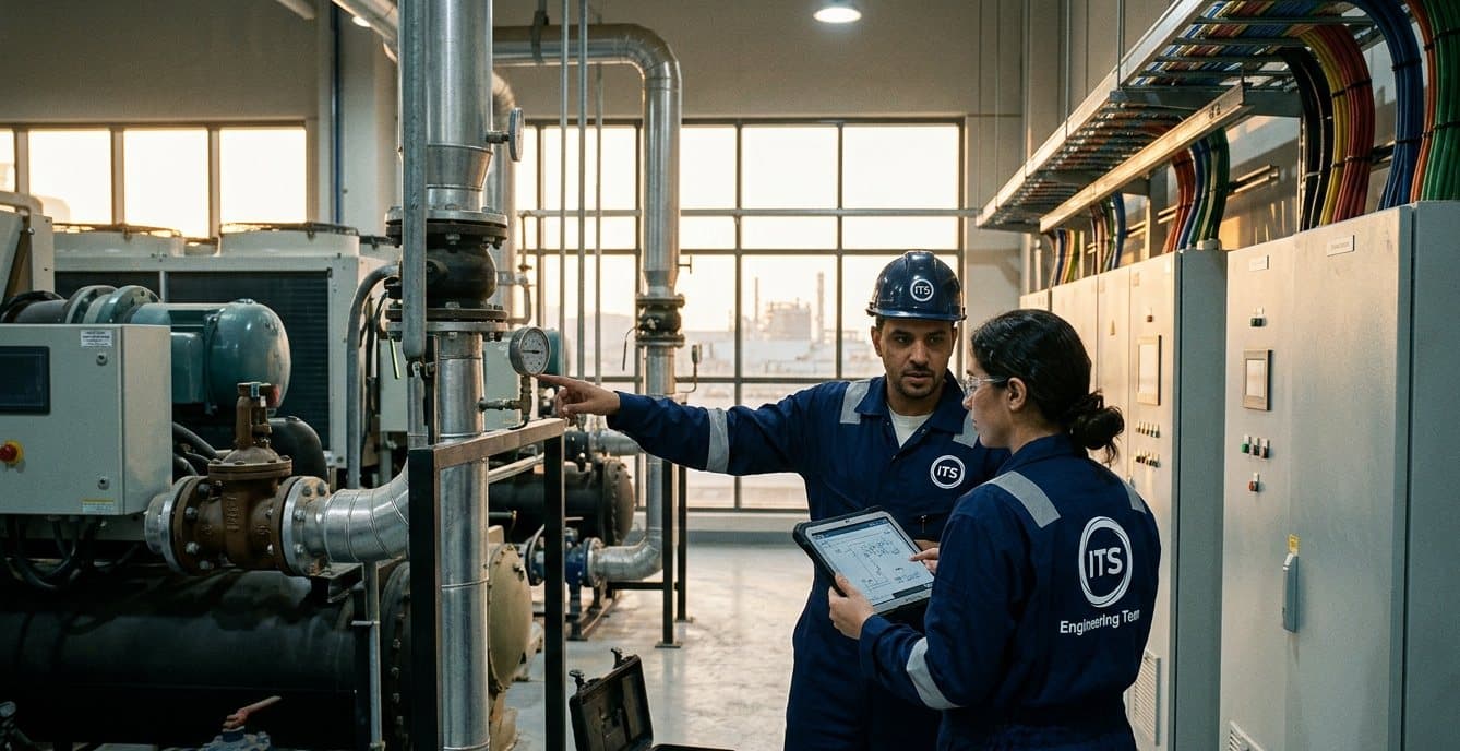 ITS engineers reviewing chiller plant readings on site